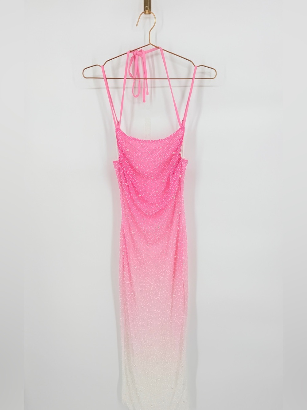 LVNES Pink Ombre Beaded Mesh Halter Maxi Dress Size Small